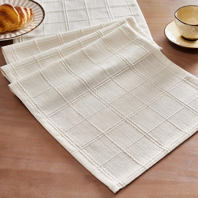 Linen Checked Farmhouse Table Runner, 13x108 Inches Ivory | Raised Grid Design by ZEEMARTONLINE