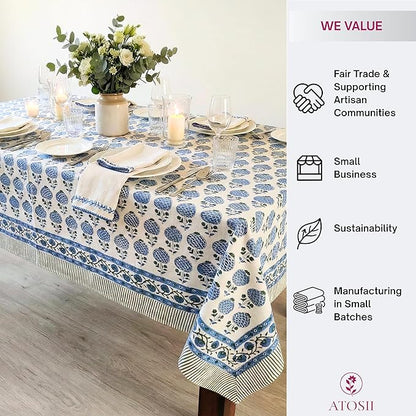 ATOSII Roma Blue 100% Cotton Boho Square Fall Tablecloth, Handblock Floral Print Table Cloth Linen for Kitchen Dining I Parties, Outdoors, Weddings, Christmas, Thanksgiving Decor 60 X 60 Inches