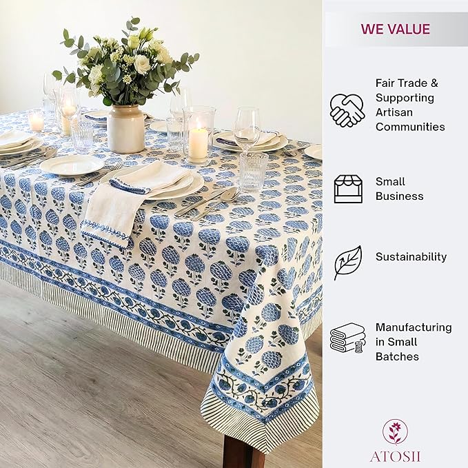 ATOSII Roma Blue 100% Cotton Boho Rectangle Fall Tablecloth, Handblock Floral Print Table Cloth Linen for Kitchen Dining I Parties, Outdoors, Weddings, Christmas, Thanksgiving Decor 60 X 108 Inches