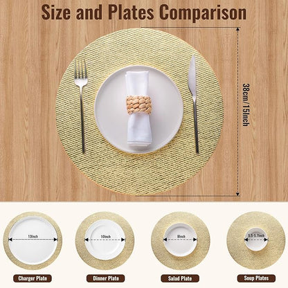 Jovono 15" Faux Leather Big Round Placemats Set of 4 - Washable Heat Resistant Non-Slip Dining Table Mats with Fabric Texture for Kitchen Home Party Wedding Decor, Gold