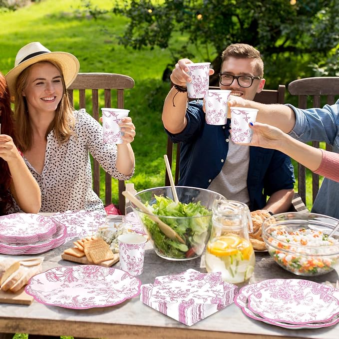 Kochorie 144 Pieces Pink Floral Paper Plates and Napkins Party Supplies - Image 7
