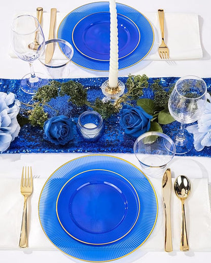 Hioasis 60pcs Blue Gold Plastic Plates - Gold Disposable Dinnerware Set, 30pcs Dinner 10.25in & 30pcs dessert 7.5in plates with striped designs for party & wedding