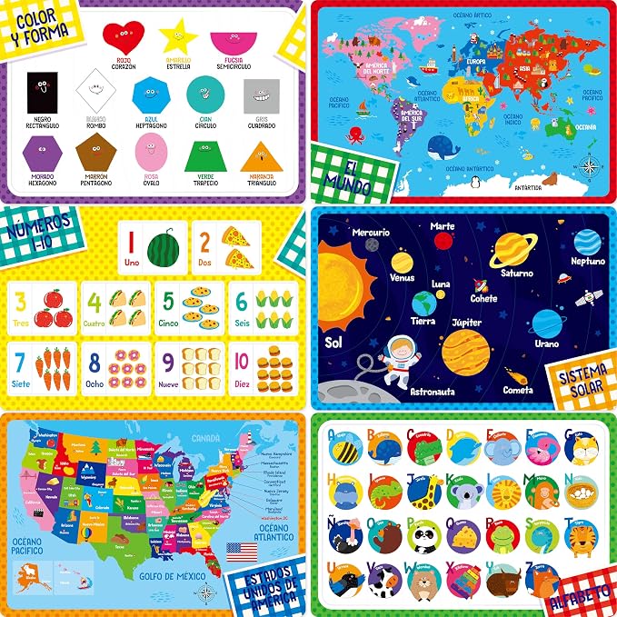 6 Pack Placemats for Kids, Non-Slip Washable Table Mats, Reusable Spanish by SpriteGru