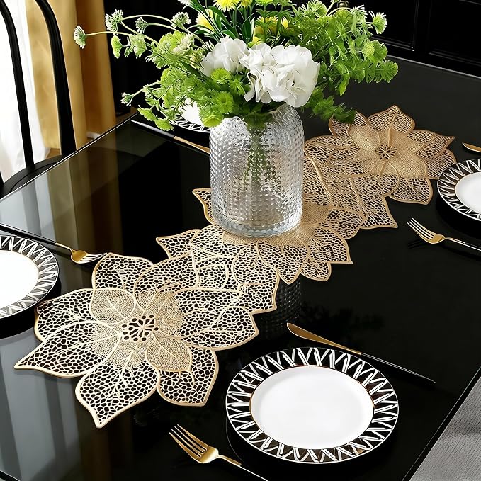 FAVE Gold Table Runner 36 Inches Flower Shaped Dining Table Runner | Waterproof by FAVE