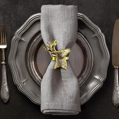 Decozen Set of 4 Gold Napkin Rings in Stag Design, Festive, Table Decor Setting for Holiday, Wedding, Birthday, Kitchen, Home Decor, Housewarming Gift - Thanksgiving & Christmas Gift Decoration