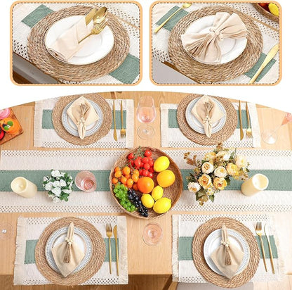4 Sets Boho Decoration Placemats Round Woven Placemats, Cloth Napkins, Wood - Image 5