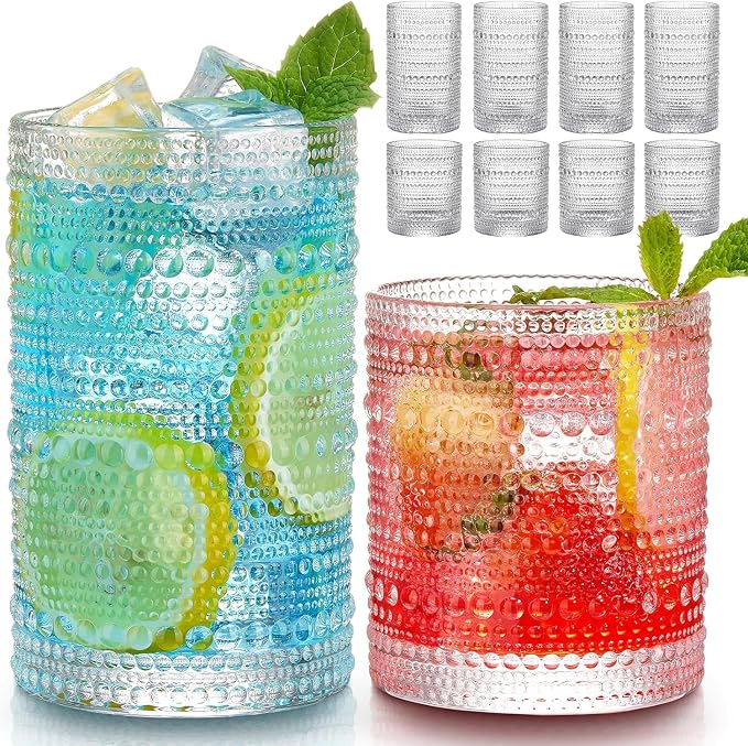 Hlukana Vintage Hobnail Drinking Glasses Set of 8, 12 oz Highball Glasses & 10 by Hlukana