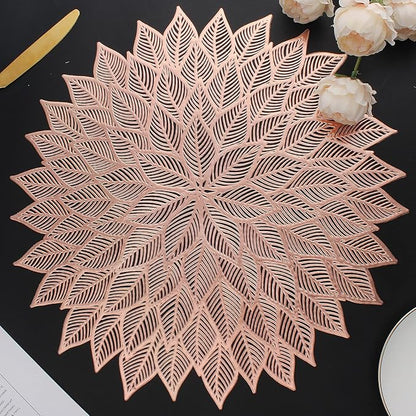 Placemats Set of 6, Round Hollow Out Flowers Place Mats for Dining Table Pressed Vinyl Blooming Leaf Table Mats for Holiday Party Wedding Accent Centerpiece Dinner Table Decoration (Rose Gold)