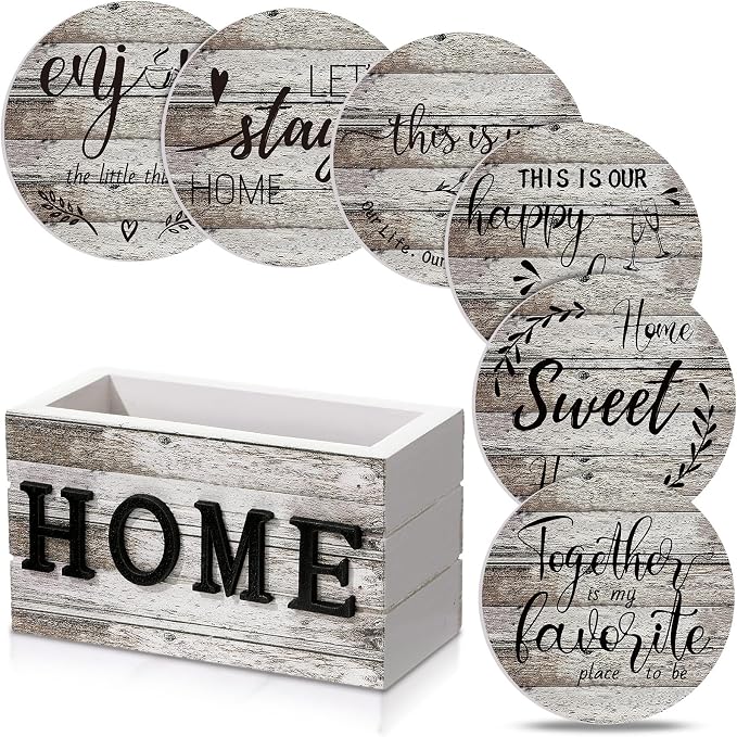 Queekay Coasters Set of 6 House Warming Gifts New Home Wooden Farmhouse Drink by Queekay