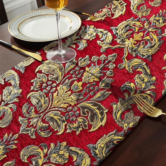 Luxury Table Runner Red 84" Vintage Embroidered Jacquard Chenille Cloths | - Image 5