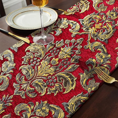 Jacquard Red Table Runner 120" Long Chenille Decor - Image 5