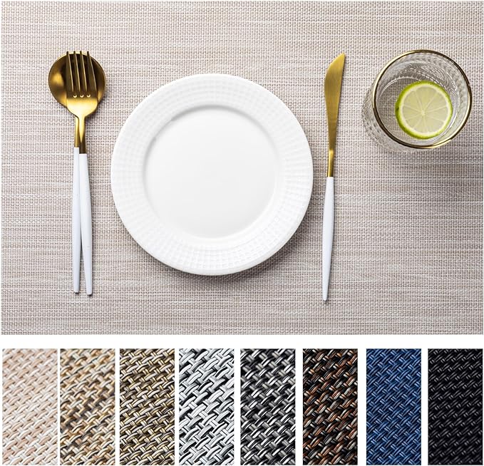 LEXMORE Placemats Set of 8 Vinyl/Plastic Woven Place Mats for Kitchen Table Indoor/Outdoor Washable Placemat Wipeable Dining Table Mats(Beige)