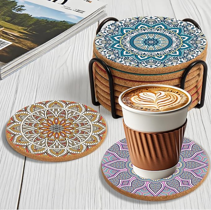 Cork Coasters Set of 8 with Holder, Colorful Cups Coasters - Image 7