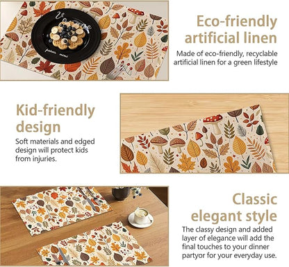 Fall Plastic Placemats, Halloween Thanksgiving Vinyl Placemats 12x18 Inch Waterproof Non-Slip Washable Table Mats for Kitchen Dining Party Table Decor,Set of 6