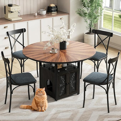 47" Round Dining Table Set for 4-6 People, Large Farmhouse Kitchen Dining Table Set with Chairs and Storage Rack, Metal Base Round Table for Home Dining Room Living Room (Cat table and 4 black chairs)