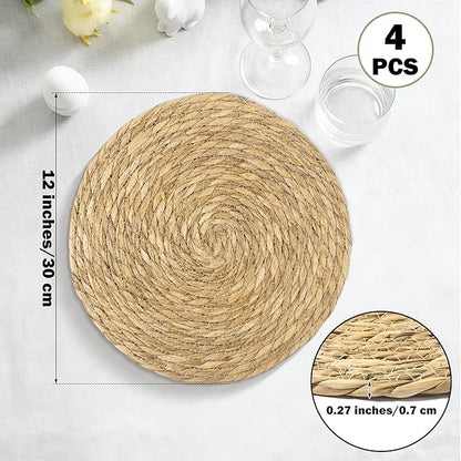 Elcoho 4 Pieces Round Woven Placemats 12 Inch Boho Rattan Placemats Farmhouse Braided Place Mats Woven Plate Chargers Rustic Wicker Table Mats for Dining Table