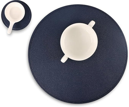 Set of 8 Faux Leather Round Placemats and Coasters, Coffee Mats Kitchen Table Mats, Waterproof, Easy to Clean for Kitchen Dining Round Table