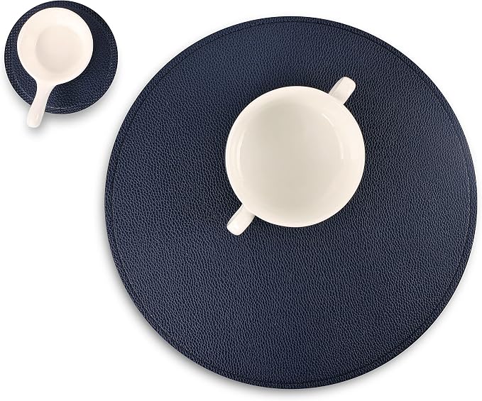 Set of 8 Faux Leather Round Placemats and Coasters, Coffee Mats Kitchen Table by JOVONO