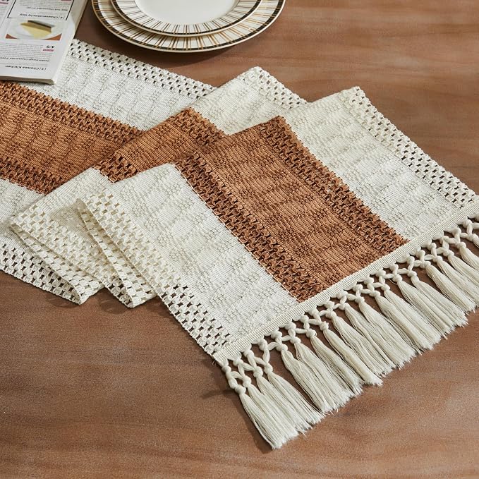 Macrame Style Bicolor Stitching Table Runner 14x36in Caramel | Woven Boho Table by ZEEMARTONLINE