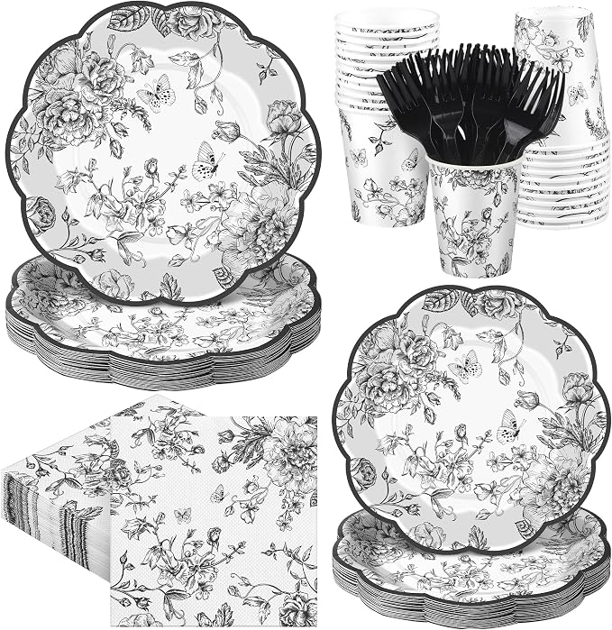 Kochorie 144 Pieces Black Floral Paper Plates and Napkins Party Supplies by Kochorie