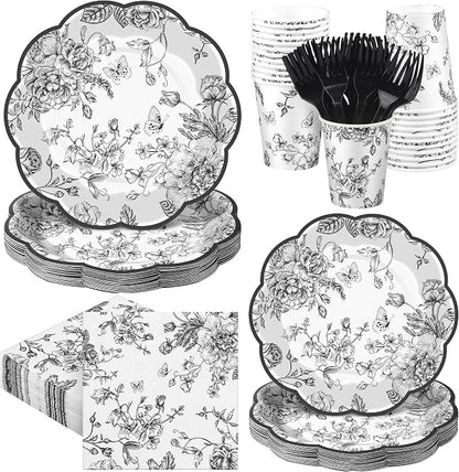 Kochorie 144 Pieces Black Floral Paper Plates and Napkins Party Supplies by Kochorie
