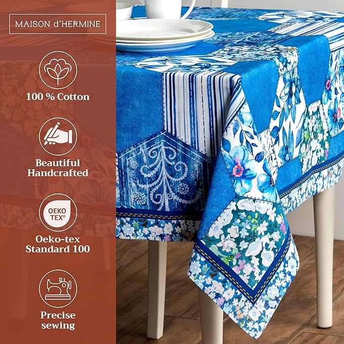 Maison d' Hermine Table Cloth Rectangle Table 100% Cotton 70 x 120 Inches Tablecloth Reusable Decorative for Dining Room Farmhouse Home Valentines Day Decorations Spring Summer - Summer Blues