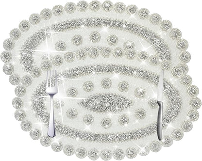 Sparkling Silver Diamond Placemats Bling Oval Place Mat Heat Elegant Table Decor for Weddings, Holidays, and Special Events (15x9 Inch)-2 PCS
