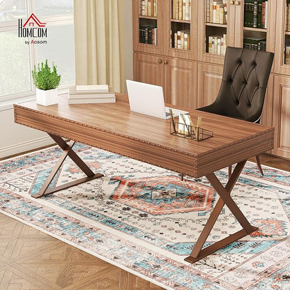 HOMCOM Washable Area Rug, 5'x7' Vintage Indoor Distressed Carpet, Retro Floor Cover Foldable, Floral Print Mat for Living Room, Bedroom, Dining Room, Brown and Blue