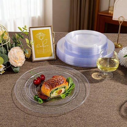 I00000 200PCS Clear Plastic Plates, Disposable Clear Plates for 100 Guests, Premium Dinner and Dessert Plate, Fancy Hard Plastic Party Plate for Birthday, Wedding & Party