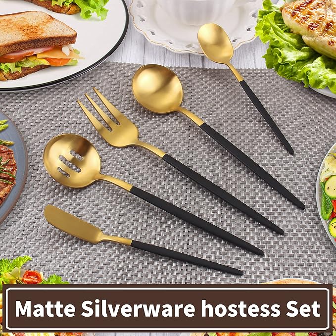 VANVRO Matte Black Gold Serving Silverware Set, 5-Piece Round Shared Utensils - Image 5