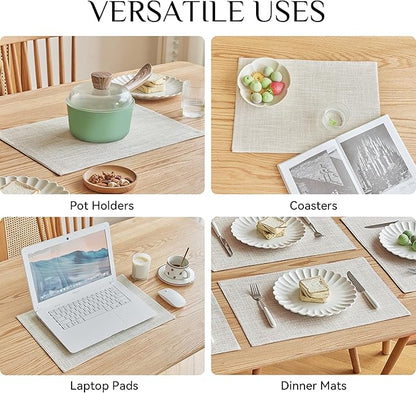 Softalker Faux Linen Placemats Set of 4-12 x 18 Inch, Heat Resistant Double Layered Durable Burlap Farmhouse Place Mats, Non-Slip Washable Rustic Table Mats for Dining, Kitchen, Party（Cream
