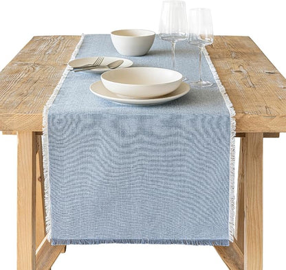Over&Back 18x108 Woven Frayed Chambray Cotton Table Runner by overback