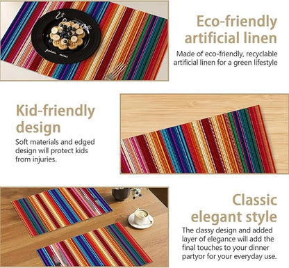 Mexican Placemats Set of 6, Waterproof Linen Fabric, Non-Slip Backing & Easy Clean, Elegant Dining Table Protectors for Family and Guests(Mexican Ethnic Colorful Stripes)