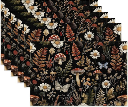 Cloth Placemats,Forest Mushroom Fabric Placemats Set of 6,Washable Rustic Herb Leaf Wildflower Table Mats,Decorative Place Mats for Dining Home Kitchen Holiday Party 11.8x17.7 Inch