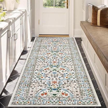 GarveeHome Washable Kitchen Runner Rug, Floral 2x6 Rug for Hallway Non Slip Stain Resistant, Ultra-Thin Boho Soft Hallway Rug for Entryway, Laundry Room Floor Mat, Beige