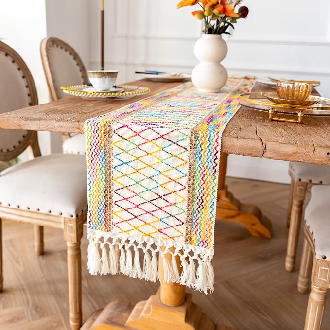 EMMTEEY Macrame Table Runner Boho Style 36 Inches Long, Hexagonal Colorful | - Image 6