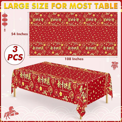 3 Pack Chinese New Year Decorations 2026, 54 x 108 Inches Red Plastic Table Cloths, Disposable Lunar New Year Table Cloth Rectangle Tablecloths Tablecover, Spring Festival Year of the Horse Decor