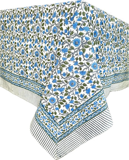 ATOSII Lake Como 100% Cotton Square Summer Tablecloth, Block Print Floral Linen Table Cloth for Kitchen Dining Table I Parties Weddings Outdoors I 60 X 108 Inches I 8 Seater I