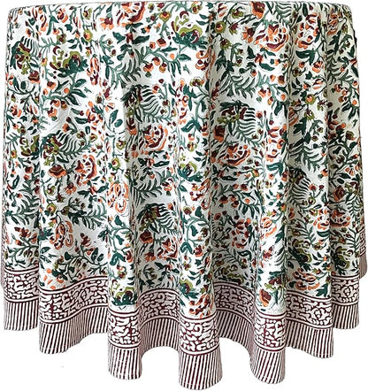ATOSII Ambrosia Green 100% Cotton Round Tablecloth, Handblock Print Floral Table Cloth for Kitchen Dining Linen I Weddings, Outdoors, Thanksgiving, Christmas I Fall Home Decor I 72" Inches Round