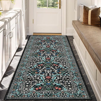 GarveeHome Kitchen 2x6 Runner Rug, Floral Washable Rugs for Hallways Non Slip Stain Resistant, Boho Soft Rug Botanical Carpet for Entryway, Laundry Room, Bedroom Floor Mat, Black