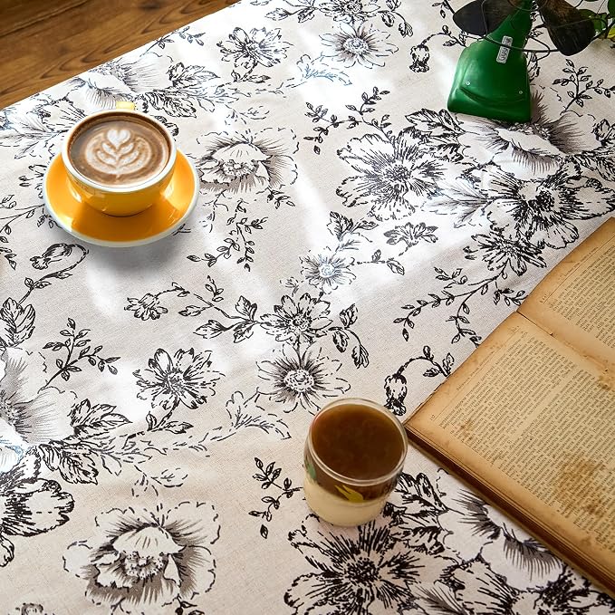 jinchan Black Floral Linen Blend Rectangle Table Cloth 52 x 70 Inch | Farmhouse - Image 6