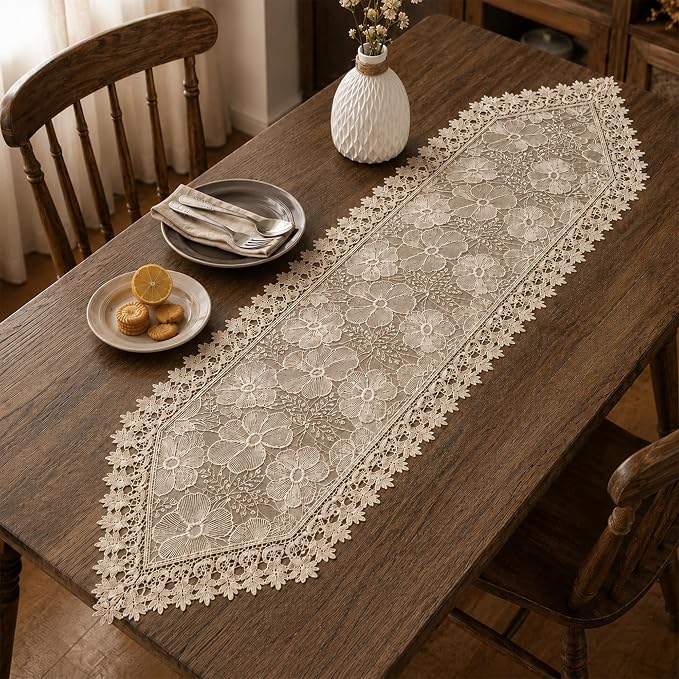 SIOLOC Champagne Lace Table Runner 14x48, Embroidered Floral Cutwork | Elegant - Image 2
