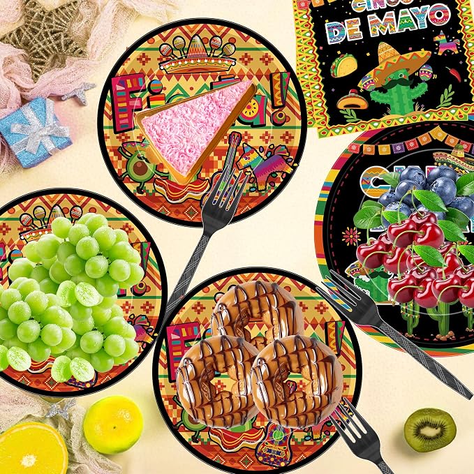 96 Pcs Cinco De Mayo Decorations, Fiesta Party Plates Napkins Forks - Image 5