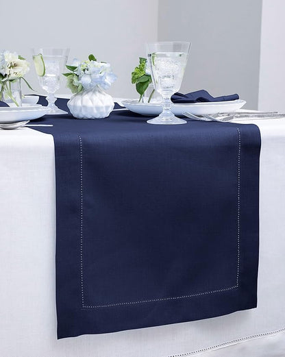 Solino Home Linen Navy Blue Table Runner 90 Inches Long - 100% Pure Linen Hemstitch 14 x 90 Inch Table Runner for Dining, Easter - Classic Hemstitch
