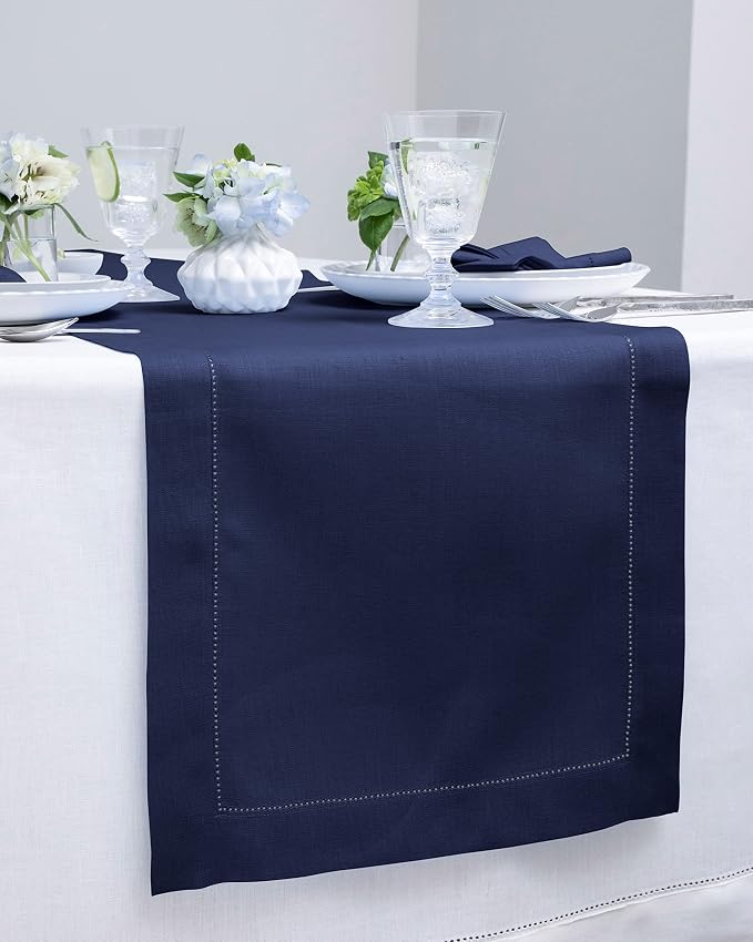 Solino Home 100% Pure Linen Dining Table Runner Navy Hemstitch, 14 x 120 in | - Image 2