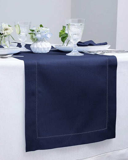 Solino Home 100% Pure Linen Table Runner Navy, Classic Hemstitch 14 x 60 in | - Image 2