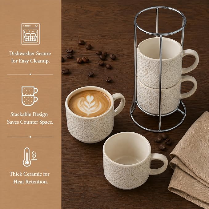 6 Oz Coffee Mugs with Stand, Stackable Ceramic Espresso Cups Set of 4, Embossed - Image 9