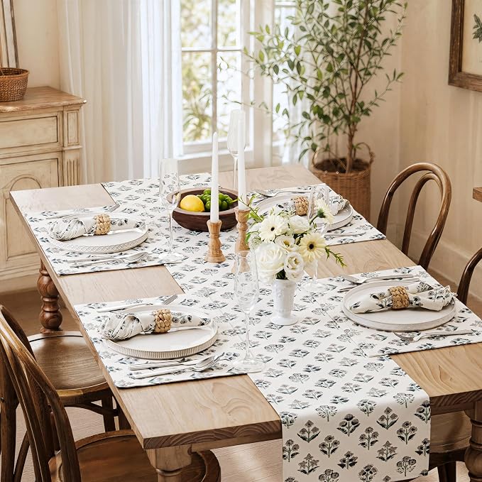 Block Print Floral Decorative Table Runners, 13x36 Inch Grey | 100% Organic - Image 7