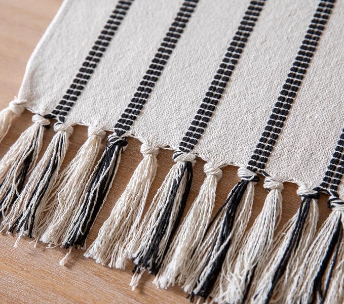 Caflife Boho Table Runner 60 Inchs Long Black and Beige, Cotton and Linen Woven - Image 4