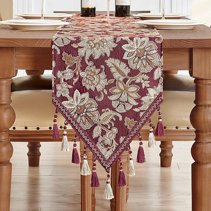 Loom and Mill Vintage Jacquard Damask Table Runner 13x108 inch, Burgundy | by LoomandMill